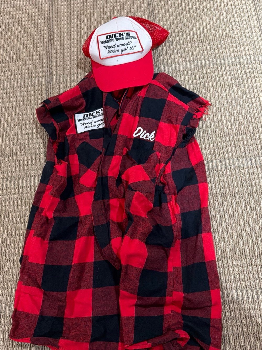 Dick's Red & Black Buffalo Plaid Men’s Sleeveless Flannel Shirt and Hat costume